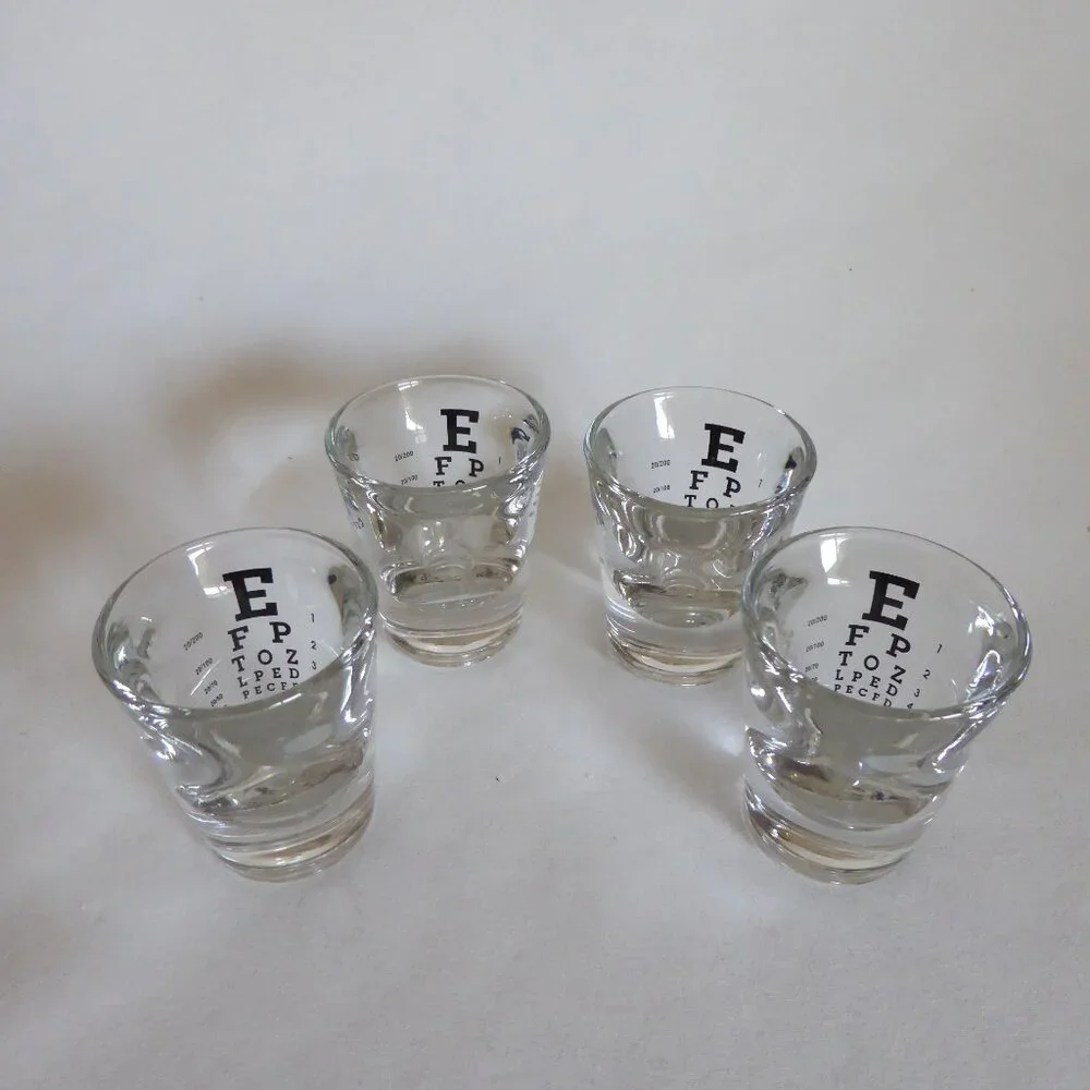 RESTORATION HARDWARE EYE CHART SHOT GLASS SET OF 4 NOVELTY BARWARE